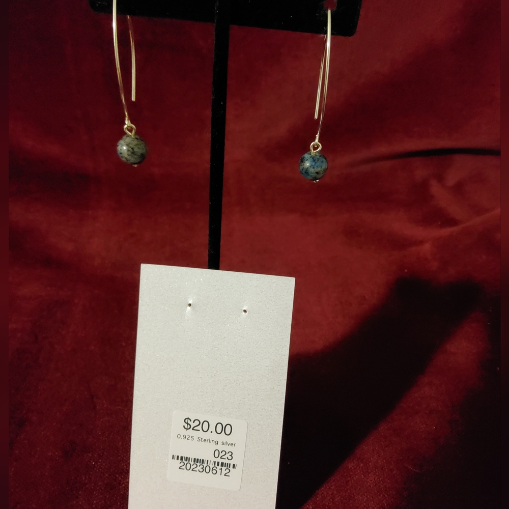 Artisan Earrings On Sterling Silver Wire, Stones With Flashes Of Blue, Grey